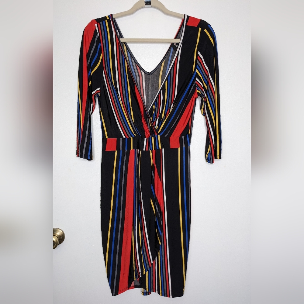 Lilian plunge neck striped black rainbow faux wrap long sleeve midi dress sz XL
